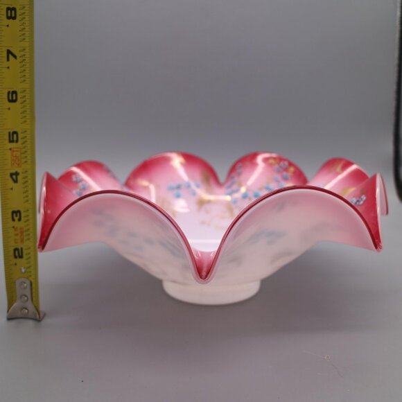 Antique Victorian Brides Basket Bowl Cranberry Pink White Cased Glass w/ Ruffles - Picture 7 of 8